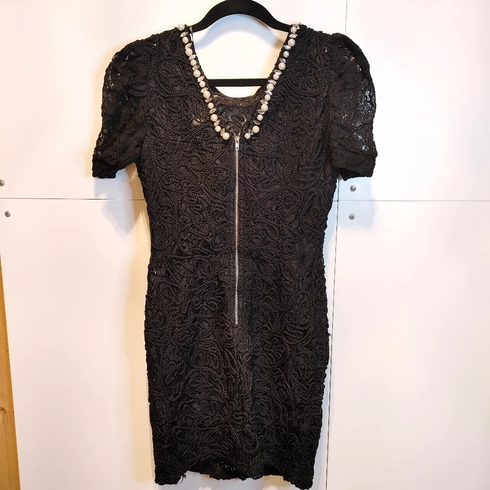 Black Lace Pearl Embellished Dress | Elegant LBD Cocktail Dress - Picture 8 of 8